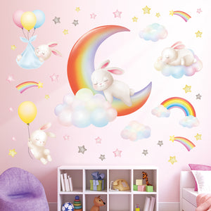 Rainbow Moon, Clouds and Rabbits Wall Stickers