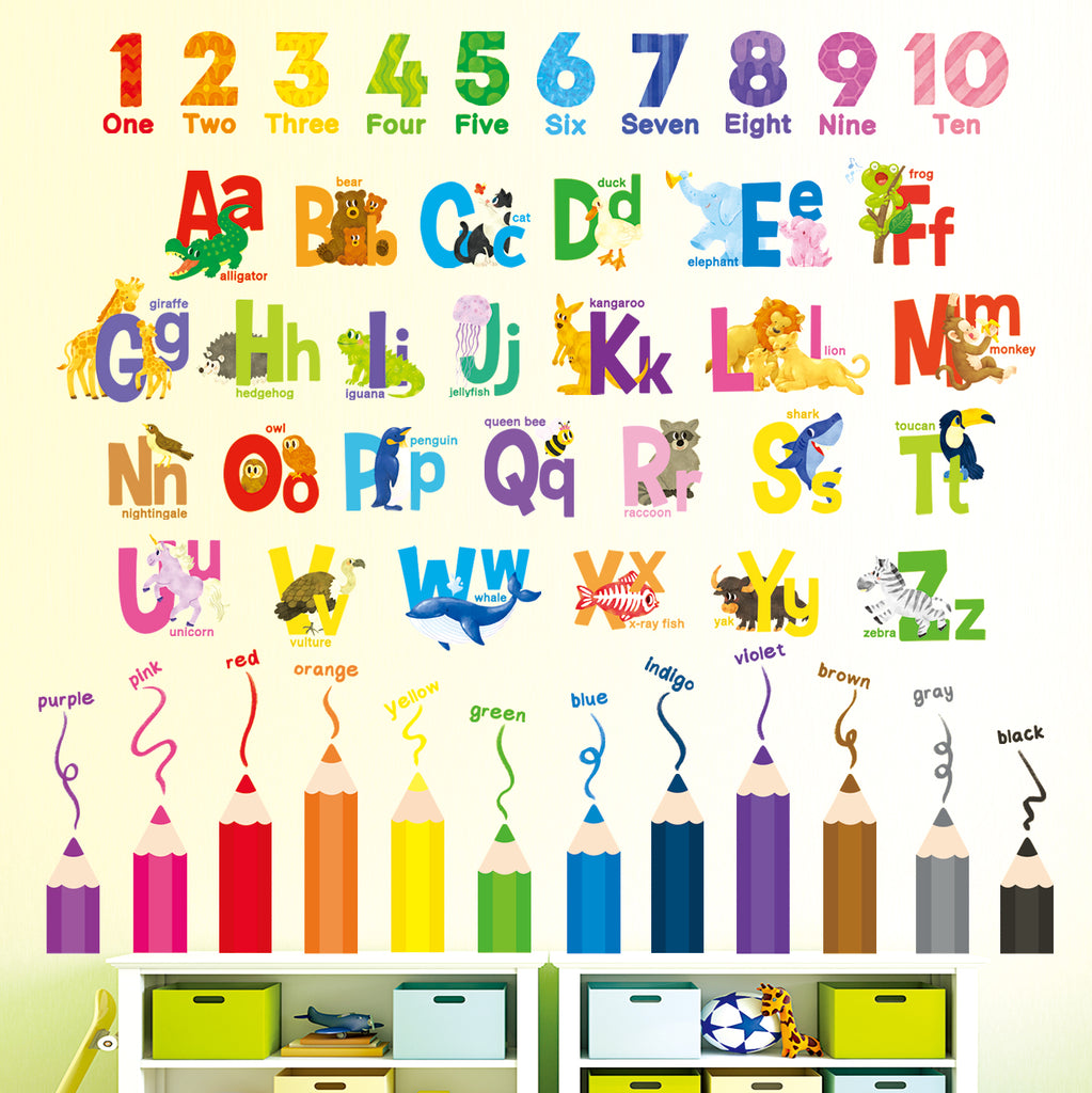 Alphabet, Numbers and Colouring Pencils Wall Stickers