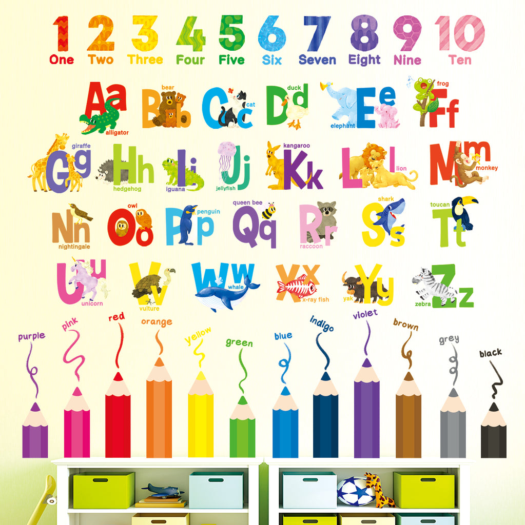 Alphabet, Numbers and Colouring Pencils Wall Stickers