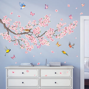 Pink flowers and Bird Wall Stickers