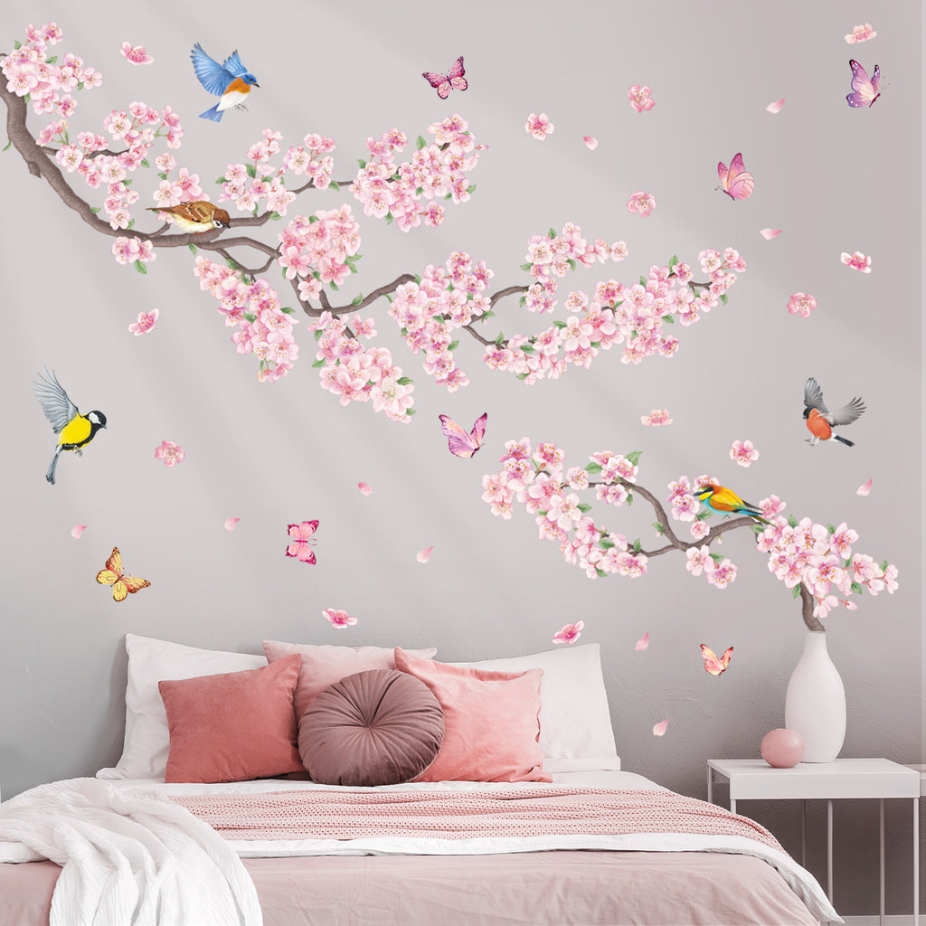 Pink flowers and Bird Wall Stickers
