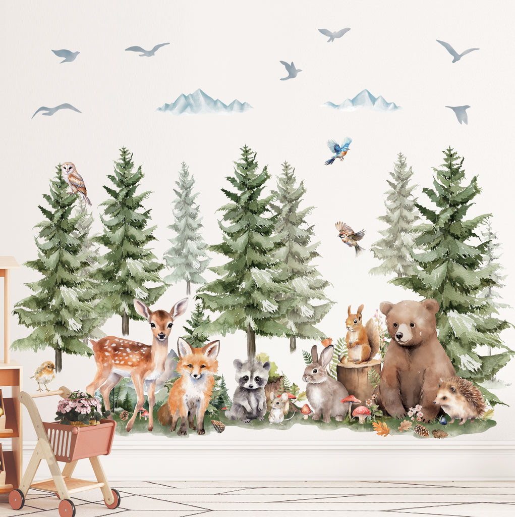 Pine trees and Forest animals Wall Stickers