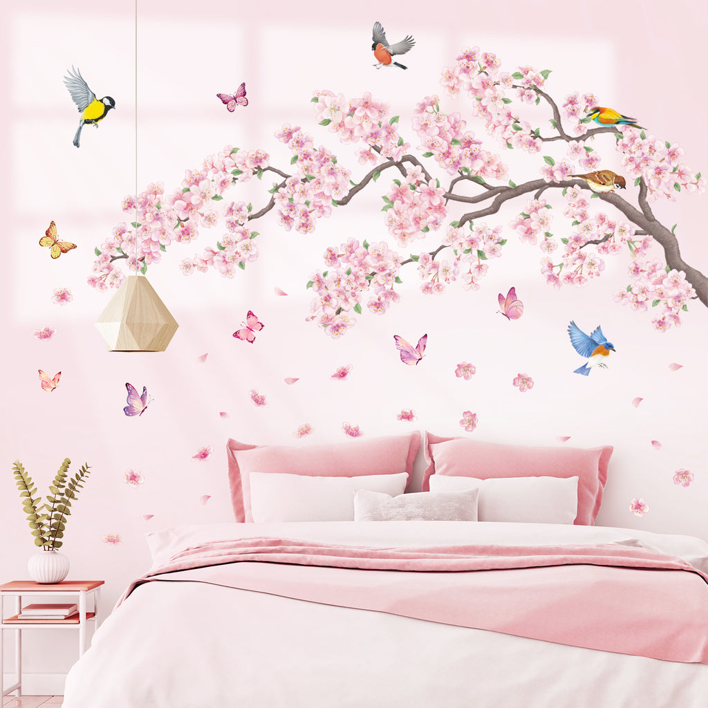Pink flowers and Bird Wall Stickers