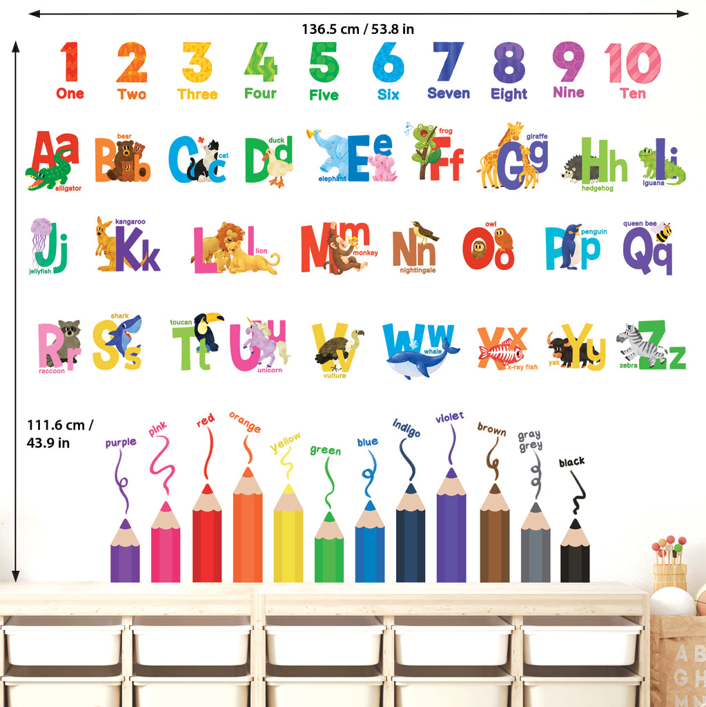 Alphabet, Numbers and Colouring Pencils Wall Stickers