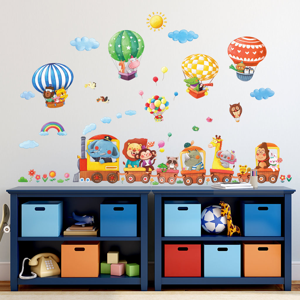 Animal Train & Hot Air Balloons Nursery Wall Stickers