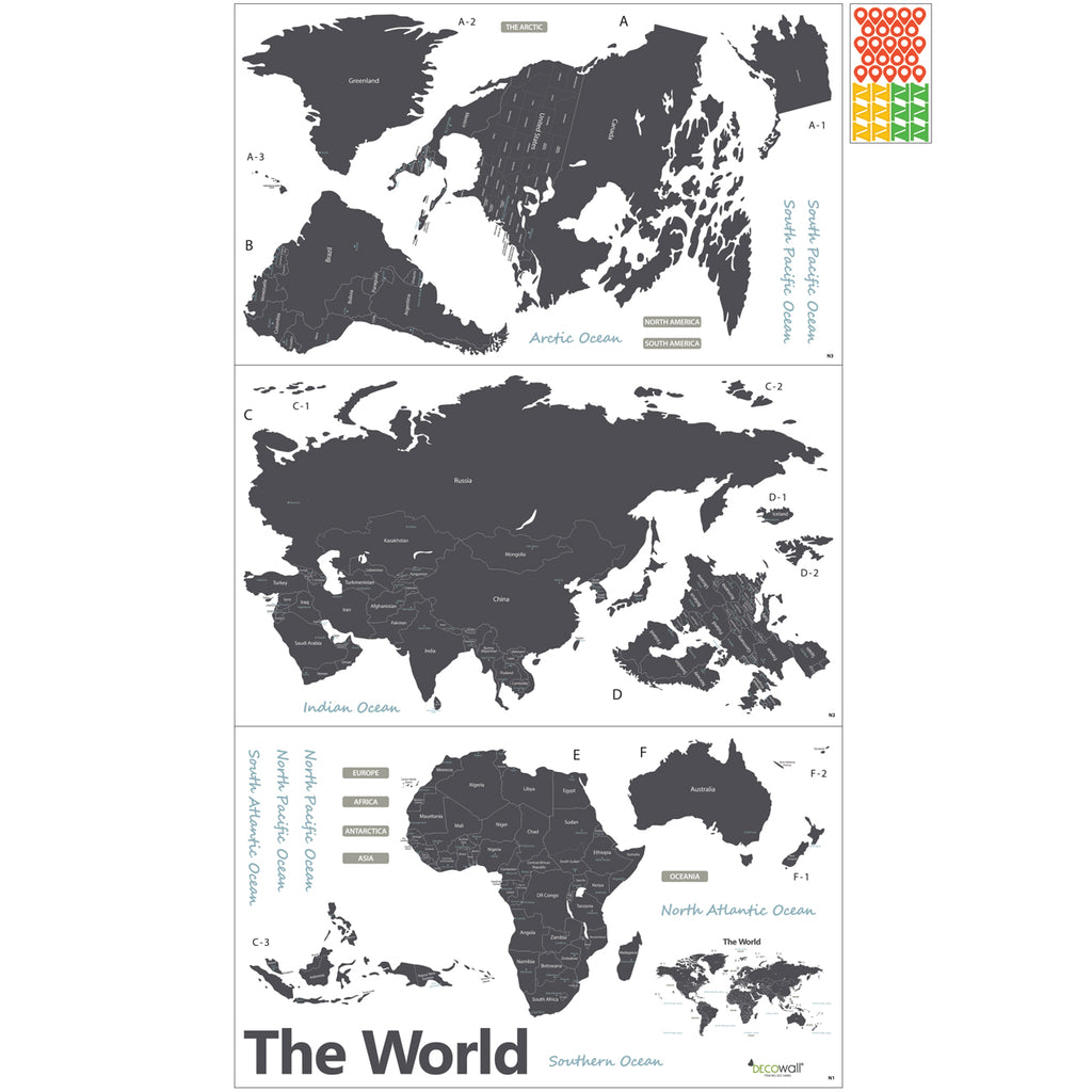 Modern Grey World Map Wall Stickers (Xlarge)