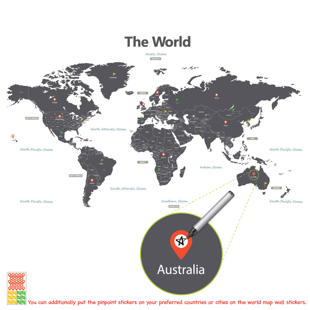 Modern Grey World Map Wall Stickers (Xlarge)