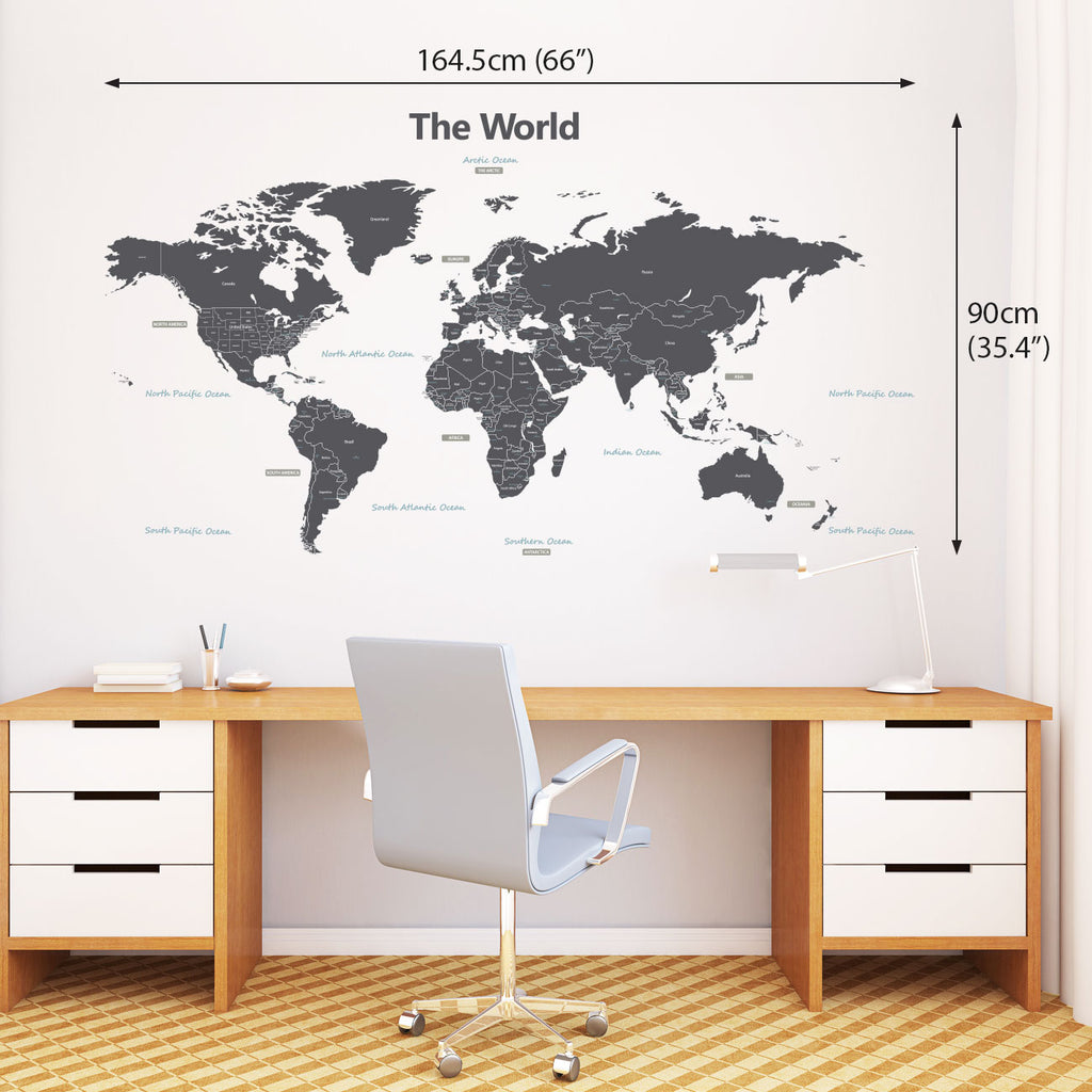 Modern Grey World Map Wall Stickers (Xlarge)