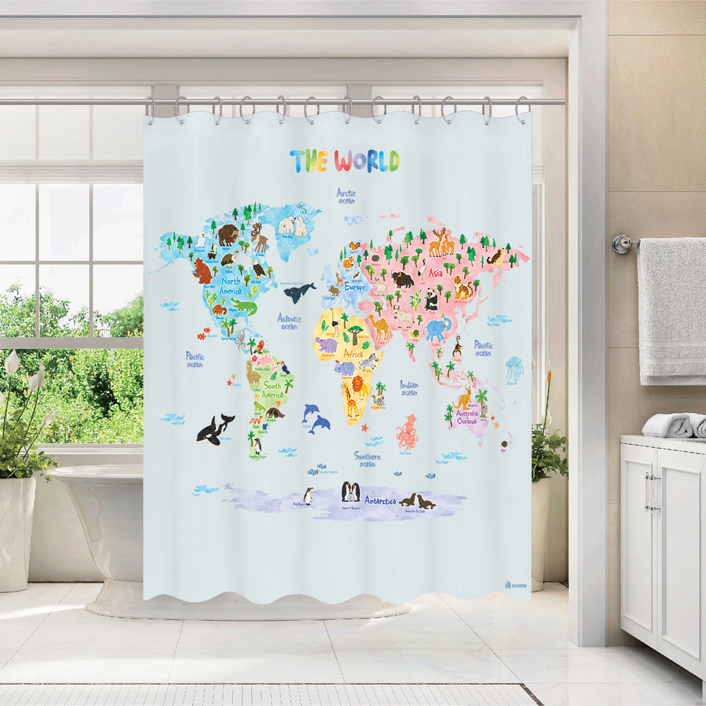 Animal World Map, Kids Shower Curtain set