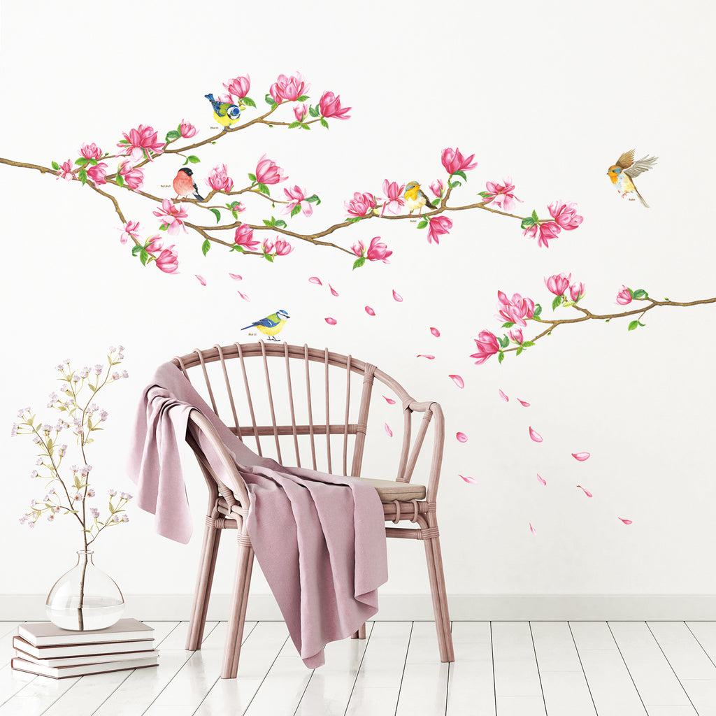 Pink Magnolia Branch Wall Stickers