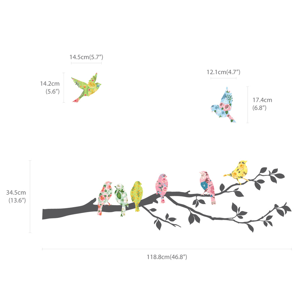Floral Birds on Tree Branch Wall Stickers