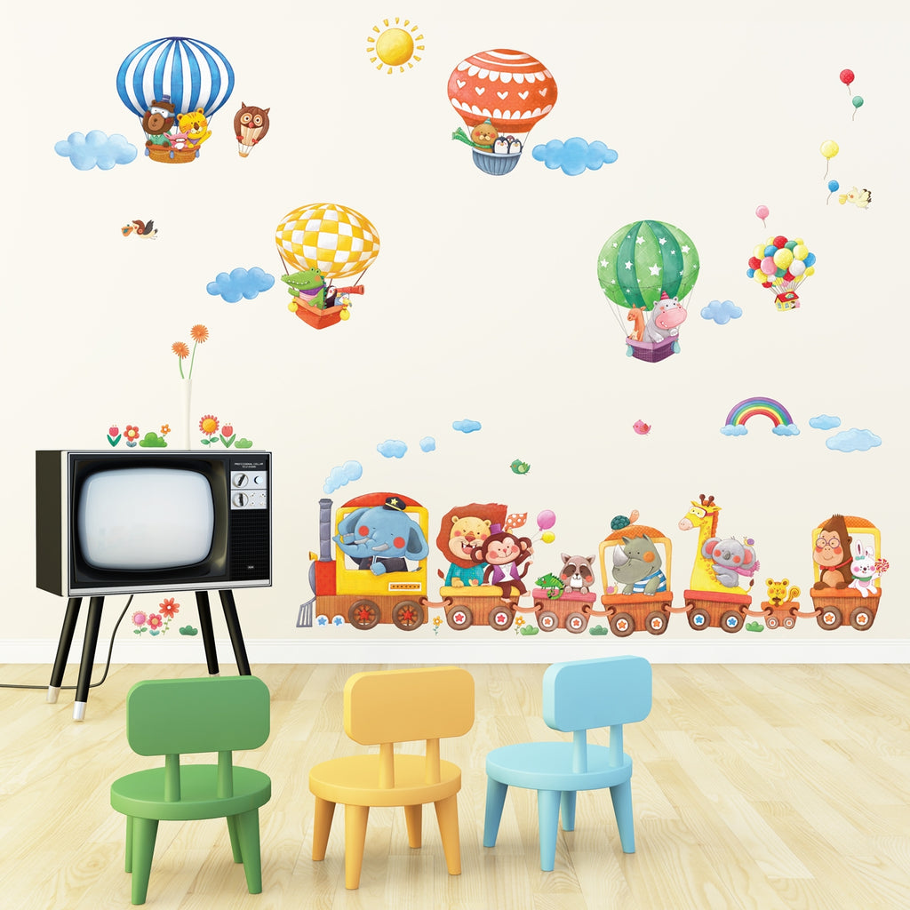 Animal Train & Hot Air Balloons Nursery Wall Stickers (XLarge)