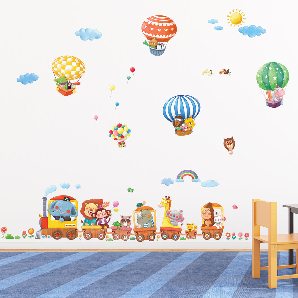 Animal Train & Hot Air Balloons Nursery Wall Stickers